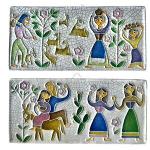 Signed Hand painted Ceramic Wall Tiles Set Of 2 By Creationi Luciano Italy